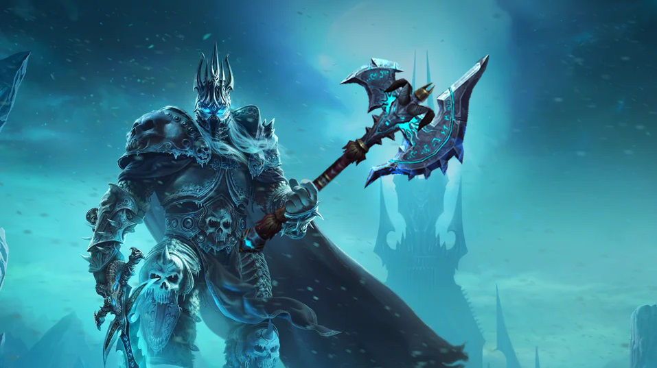 Arthas roi liche devant la citadelle de la couronne de glace tenant frostmourne et shadowmourne